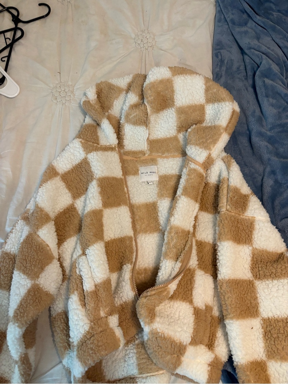 Wild Rose Checkerboard Sherpa Hoodie - Tan & Cream